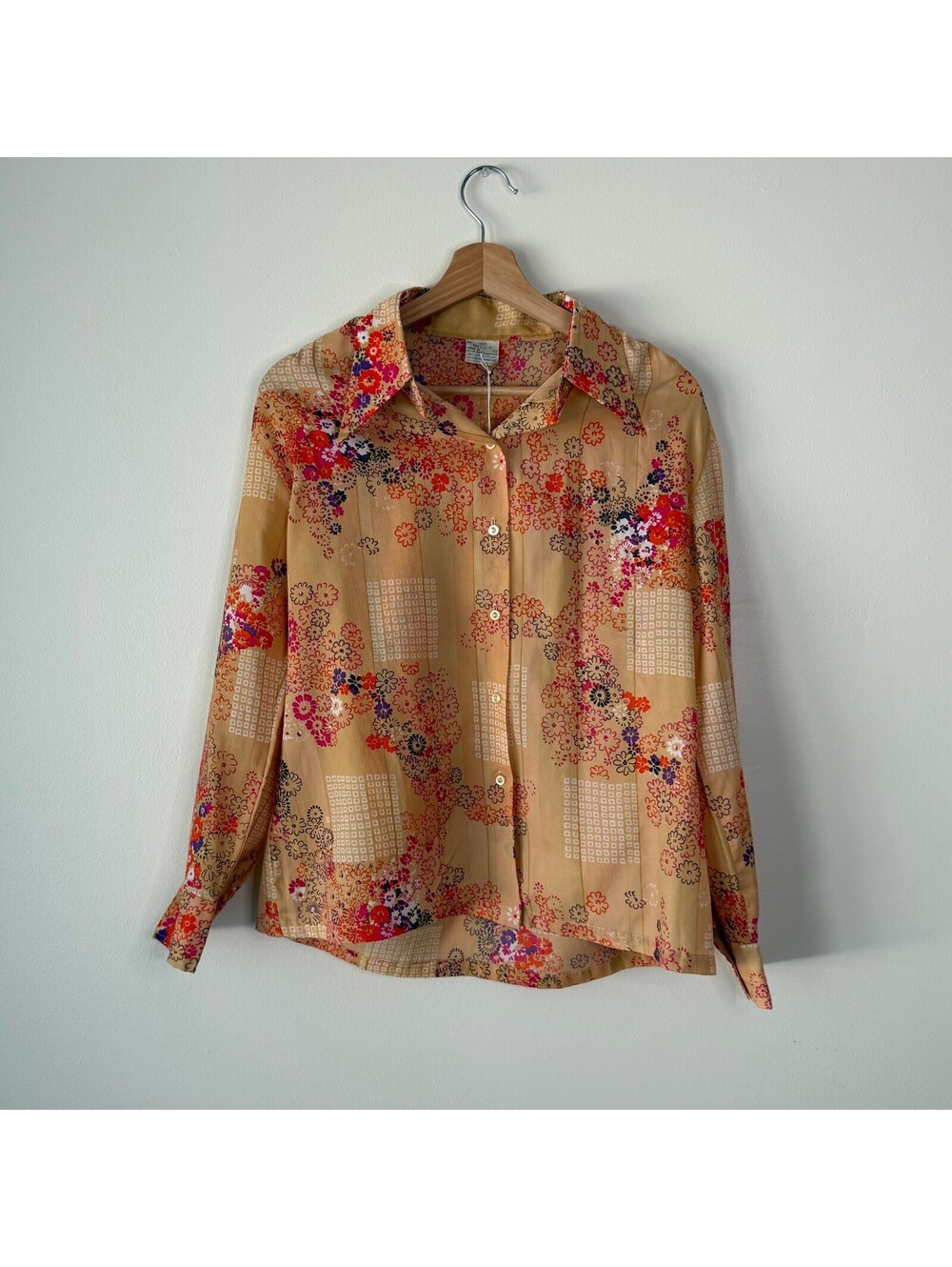 Vintage 70s Hippie Floral Colorful Long Sleeve Disco Dress Button Up Shirt